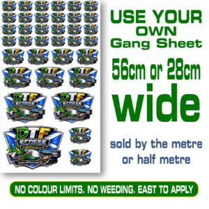 Custom DTF gang sheet for wide 56cm or 28cm printing, sold by metre or half metre.