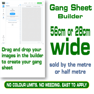 Gang sheet builder for DTF printing, 56cm or 28cm wide, sold by the metre or half metre.